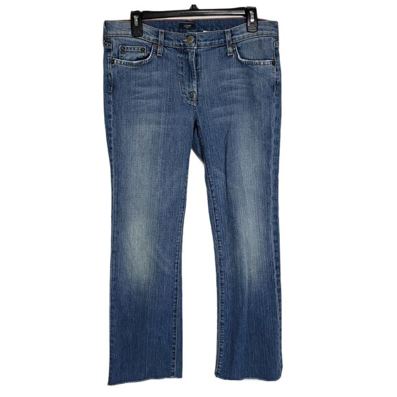 J Crew Womens Jeans Size 6 Reg Stretch Distressed Raw Hem Bootcut Blue Denim Mid - Picture 1 of 11
